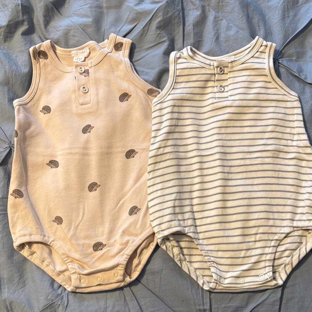 Jamie Kay Set of 2 Playsuits 6-12m Neutral Hedgehog and Grey Ivory stripe